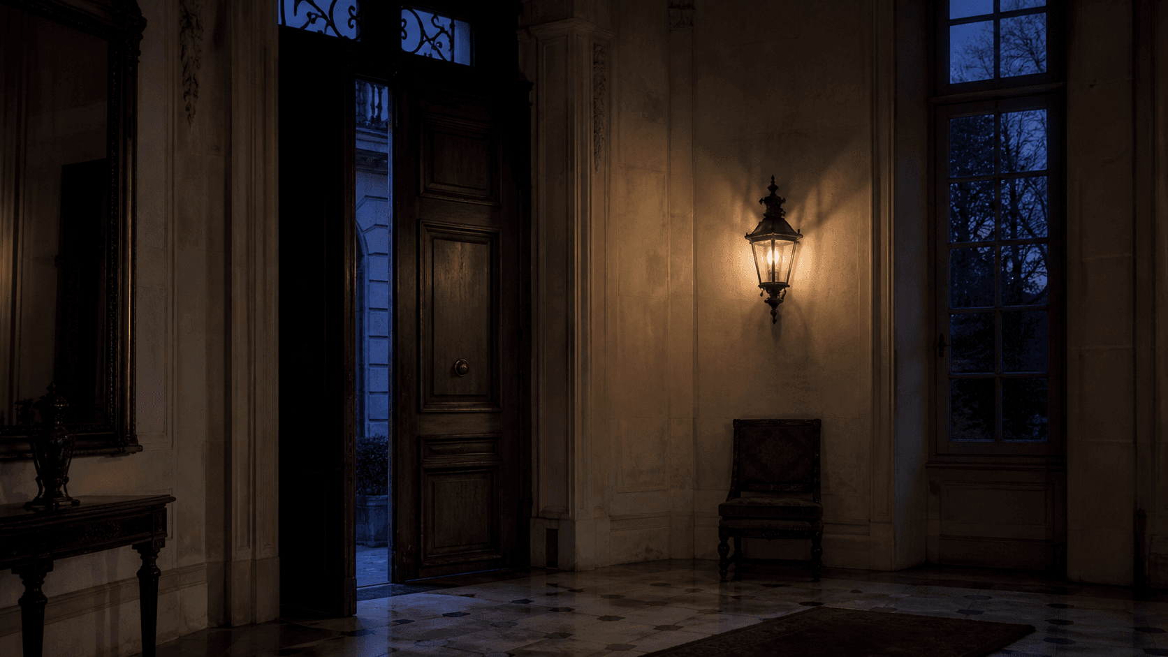 An entrance hall, Geneva, at dusk